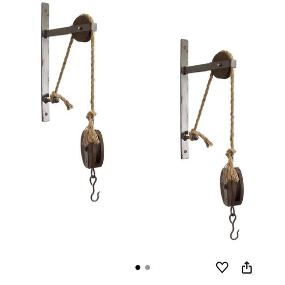 Pulley Mounting Brackets With Hook Rustic Vintage Inspired Metal Wood Twine Set - Picture 1 of 10